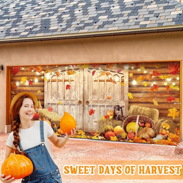 Alt view image 5 of 6 - 8 x 16 ft Fall Garage Door Banner Thanksgiving Barn Decor Harvest Pumpkin, Hanging Backdrop Cover, with Grommets, Rope, Autumn Holiday Party Decor, Photo Studio Prop, for Wall, House