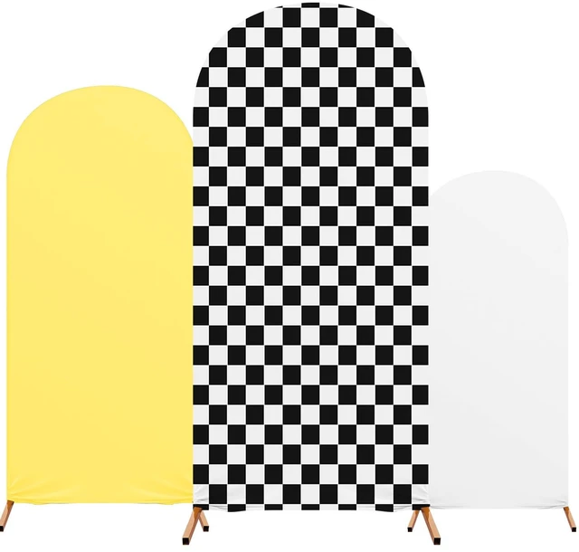 Main image of 3 Happy Arch Cover, White, Yellow, Black-White, Simple Style Fitted Stretch Spandex Backdrop, One Happy Dude Theme for Birthday, 4ft 5ft 6ft Frames, Kids Party Sport Event
