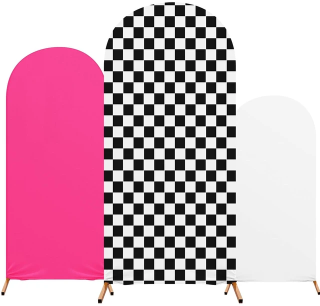 Main image of 3 Happy Arch Cover, White, Hot Pink, Black-White, Simple Style Fitted Stretch Spandex Backdrop, One Happy Dude Theme for Birthday, 4ft 5ft 6ft Frames, Kids Party Sport Event