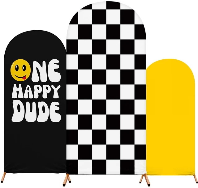 Main image of 3 Happy Arch Cover, Black, Yellow, Black-White, Mixed Style Fitted Stretch Spandex Backdrop, One Happy Dude Theme for Birthday, 4ft 5ft 6ft Frames, Kids Party Sport Event