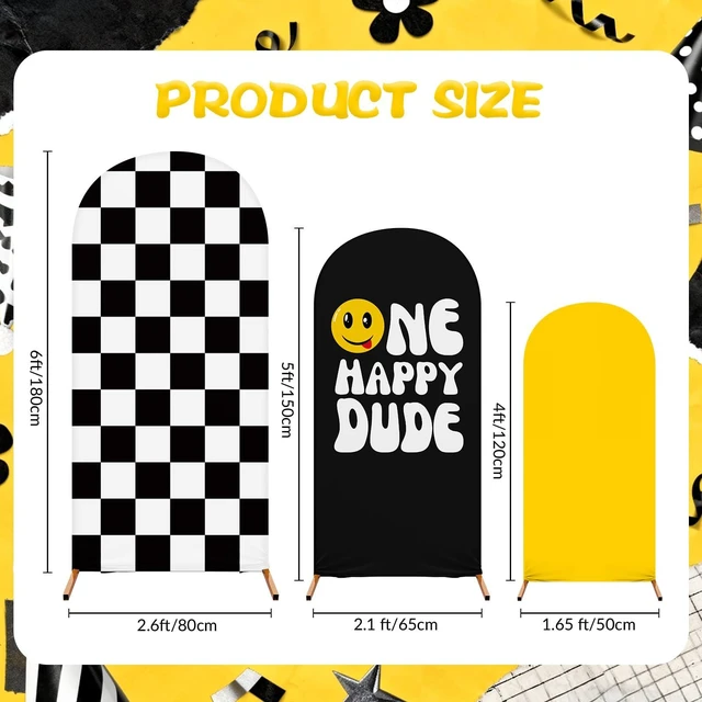 Alt view image 2 of 5 - 3 Happy Arch Cover, Black, Yellow, Black-White, Mixed Style Fitted Stretch Spandex Backdrop, One Happy Dude Theme for Birthday, 4ft 5ft 6ft Frames, Kids Party Sport Event