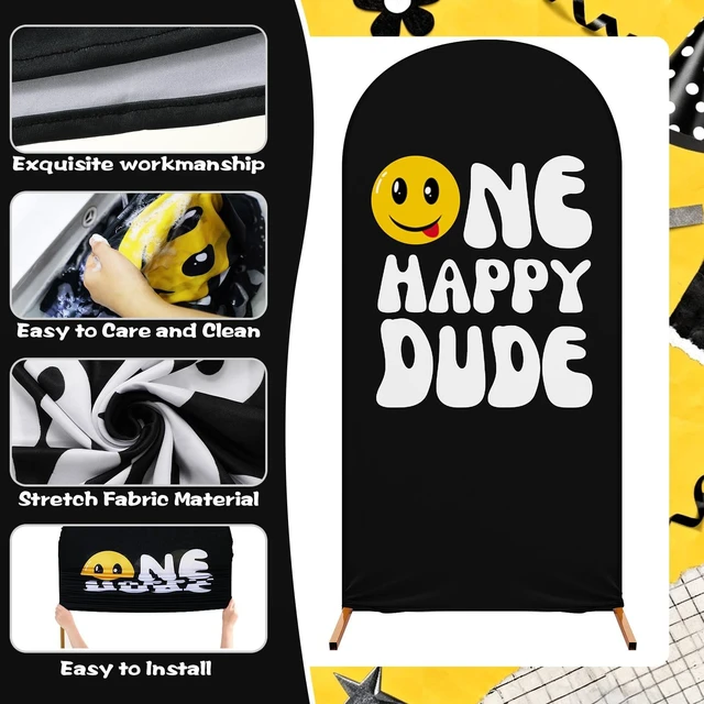 Alt view image 3 of 5 - 3 Happy Arch Cover, Black, Yellow, Black-White, Mixed Style Fitted Stretch Spandex Backdrop, One Happy Dude Theme for Birthday, 4ft 5ft 6ft Frames, Kids Party Sport Event