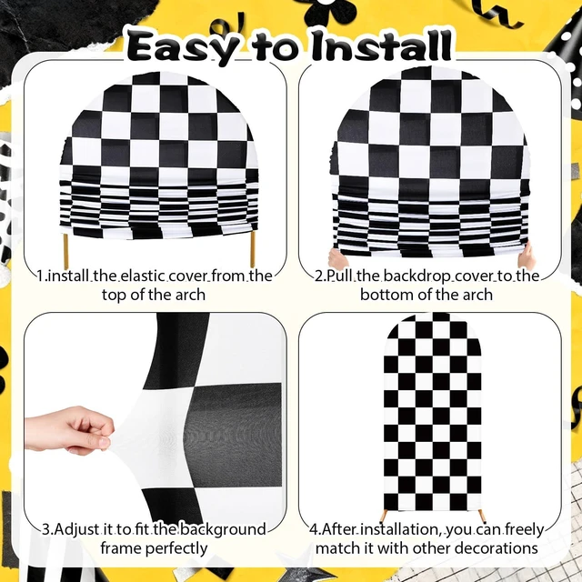 Alt view image 4 of 5 - 3 Happy Arch Cover, Black, Yellow, Black-White, Mixed Style Fitted Stretch Spandex Backdrop, One Happy Dude Theme for Birthday, 4ft 5ft 6ft Frames, Kids Party Sport Event