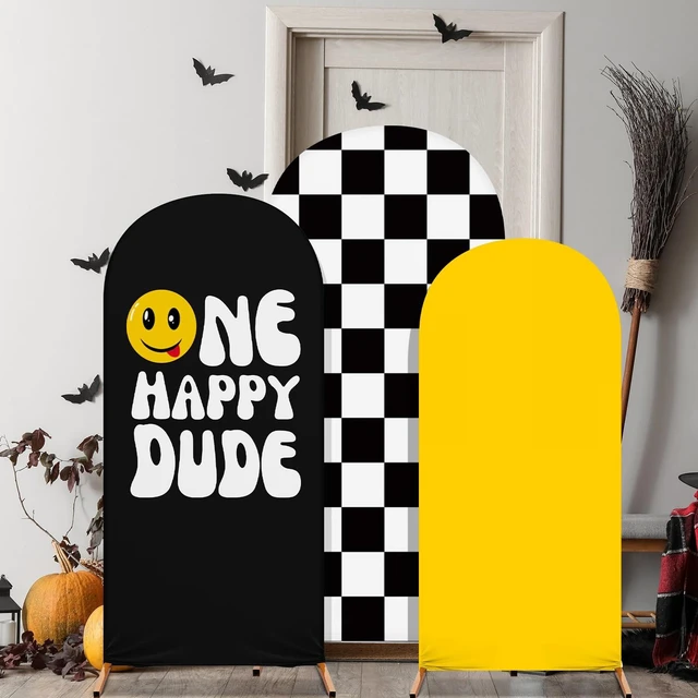 Alt view image 5 of 5 - 3 Happy Arch Cover, Black, Yellow, Black-White, Mixed Style Fitted Stretch Spandex Backdrop, One Happy Dude Theme for Birthday, 4ft 5ft 6ft Frames, Kids Party Sport Event