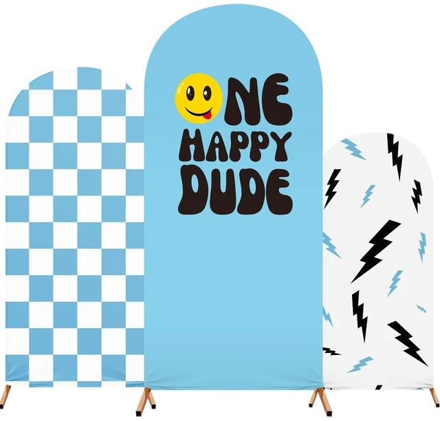 Main image of 3 Happy Arch Cover, Blue, Mixed Style Fitted Stretch Spandex Backdrop, One Happy Dude Theme for Birthday, 4ft 5ft 6ft Frames, Kids Party Sport Event