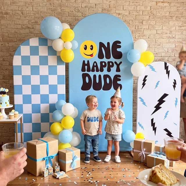 Alt view image 3 of 7 - 3 Happy Arch Cover, Blue, Mixed Style Fitted Stretch Spandex Backdrop, One Happy Dude Theme for Birthday, 4ft 5ft 6ft Frames, Kids Party Sport Event