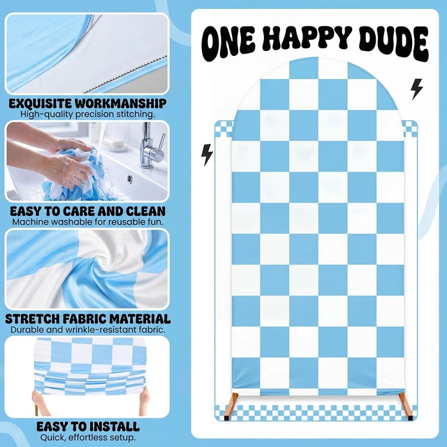 Alt view image 5 of 7 - 3 Happy Arch Cover, Blue, Mixed Style Fitted Stretch Spandex Backdrop, One Happy Dude Theme for Birthday, 4ft 5ft 6ft Frames, Kids Party Sport Event
