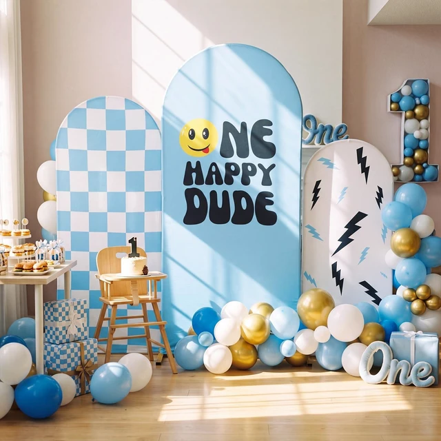 Alt view image 7 of 7 - 3 Happy Arch Cover, Blue, Mixed Style Fitted Stretch Spandex Backdrop, One Happy Dude Theme for Birthday, 4ft 5ft 6ft Frames, Kids Party Sport Event