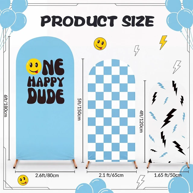 Alt view image 4 of 7 - 3 Happy Arch Cover, Blue, Mixed Style Fitted Stretch Spandex Backdrop, One Happy Dude Theme for Birthday, 4ft 5ft 6ft Frames, Kids Party Sport Event