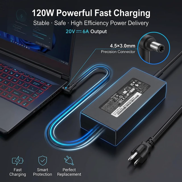 Alt view image 7 of 7 - 120W Laptop Charger Compatible with MSI Thin GF63, Thin 15 A15, Cyborg 15 14, Replace A17-120P2A ADP-120VH D AC Adapter