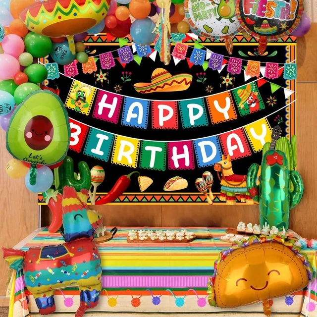 Alt view image 3 of 6 - Mexican Themed Happy Birthday Backdrop 5.9x3.6Ft Fiesta Theme Backdrop Mexico Cinco De Mayo Carnival Decors Taco Twosday Birthday Party Colorful Banner Photography Background