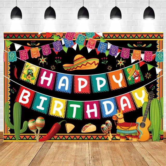 Main image of Mexican Themed Happy Birthday Backdrop 5.9x3.6Ft Fiesta Theme Backdrop Mexico Cinco De Mayo Carnival Decors Taco Twosday Birthday Party Colorful Banner Photography Background