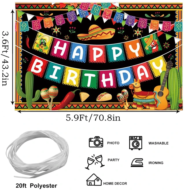 Alt view image 4 of 6 - Mexican Themed Happy Birthday Backdrop 5.9x3.6Ft Fiesta Theme Backdrop Mexico Cinco De Mayo Carnival Decors Taco Twosday Birthday Party Colorful Banner Photography Background