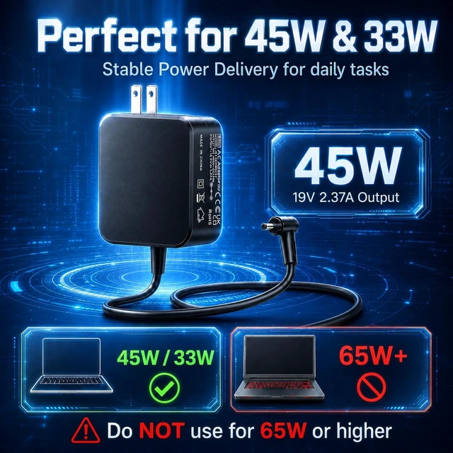 Alt view image 3 of 7 - Laptop Charger for Asus L210MA L410MA X515EA F415EA F510UA, 45W Check the Asus model, 19V 2.37A requirement and 4.0 mm round port; not for 5.5 mm or USB-C ports; 6.6 ft cable included