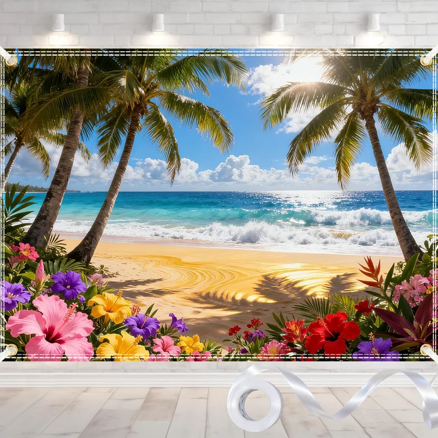 Main image of 8×6ft Summer Hawaiian Beach Backdrop, Tropical Beach Background for Decor Premium Polyester Fabric,Foldable,Excellent Shooting Effect as a Summer Hawaii Backdrop,Great for Luau Beach Party Decoration