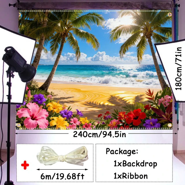 Alt view image 2 of 6 - 8×6ft Summer Hawaiian Beach Backdrop, Tropical Beach Background for Decor Premium Polyester Fabric,Foldable,Excellent Shooting Effect as a Summer Hawaii Backdrop,Great for Luau Beach Party Decoration