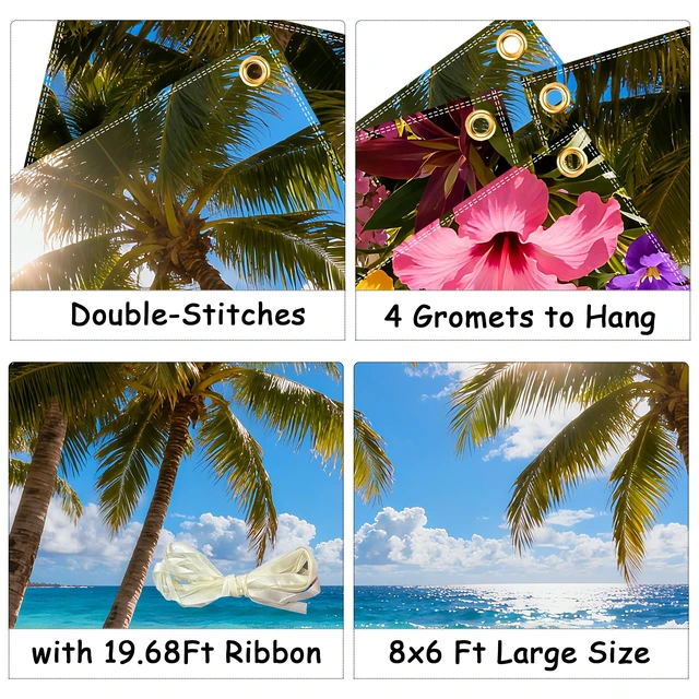 Alt view image 3 of 6 - 8×6ft Summer Hawaiian Beach Backdrop, Tropical Beach Background for Decor Premium Polyester Fabric,Foldable,Excellent Shooting Effect as a Summer Hawaii Backdrop,Great for Luau Beach Party Decoration