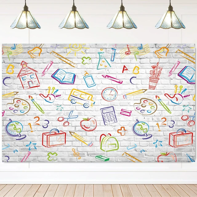 Alt view image 2 of 7 - Back to School Backdrop Hand Painted Pencils Books White Brick Wall Banner Back to School Photography Background First Day of School Banner Online Teaching Party Decorations Photoshoot Studio Props