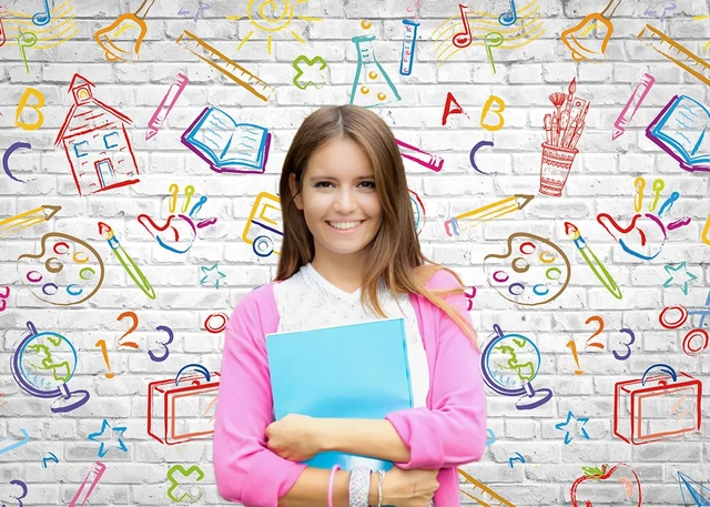 Alt view image 3 of 7 - Back to School Backdrop Hand Painted Pencils Books White Brick Wall Banner Back to School Photography Background First Day of School Banner Online Teaching Party Decorations Photoshoot Studio Props