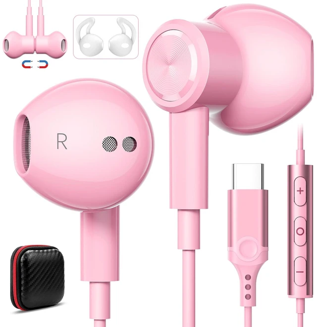 Main image of Magnetic USB-C Wired Earbuds HiFi Stereo Headphones with Mic, Pink Type-C Earbuds with Control Button for iPhone Duo 18 Pro Max 17 16 Samsung S26 FE OnePlus 15 Wired Earphones for Call Workout