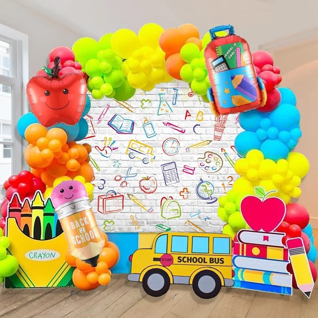 Alt view image 4 of 7 - Back to School Backdrop Hand Painted Pencils Books White Brick Wall Banner Back to School Photography Background First Day of School Banner Online Teaching Party Decorations Photoshoot Studio Props
