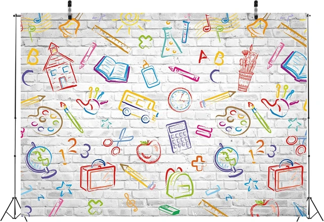 Alt view image 5 of 7 - Back to School Backdrop Hand Painted Pencils Books White Brick Wall Banner Back to School Photography Background First Day of School Banner Online Teaching Party Decorations Photoshoot Studio Props