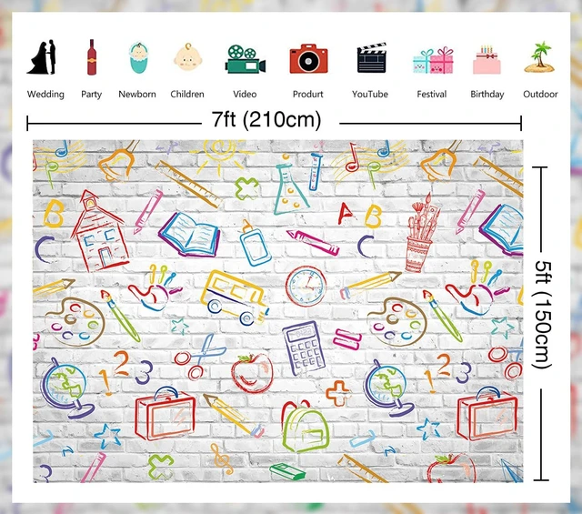 Alt view image 6 of 7 - Back to School Backdrop Hand Painted Pencils Books White Brick Wall Banner Back to School Photography Background First Day of School Banner Online Teaching Party Decorations Photoshoot Studio Props