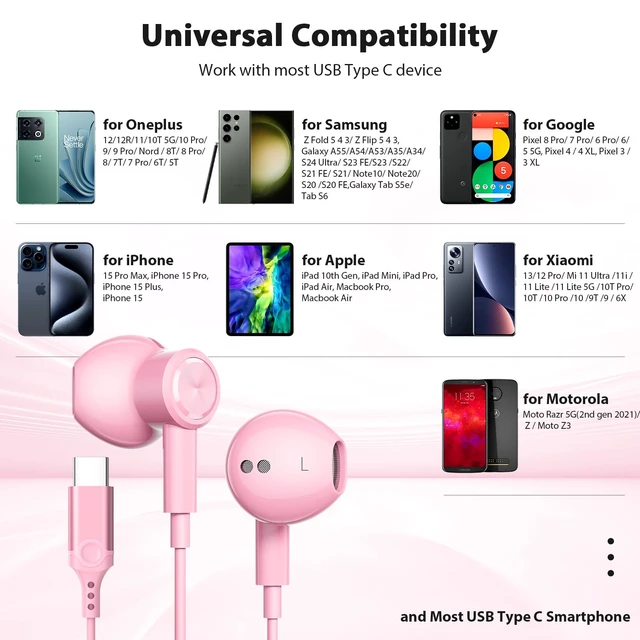 Alt view image 6 of 7 - Magnetic USB-C Wired Earbuds HiFi Stereo Headphones with Mic, Pink Type-C Earbuds with Control Button for iPhone Duo 18 Pro Max 17 16 Samsung S26 FE OnePlus 15 Wired Earphones for Call Workout