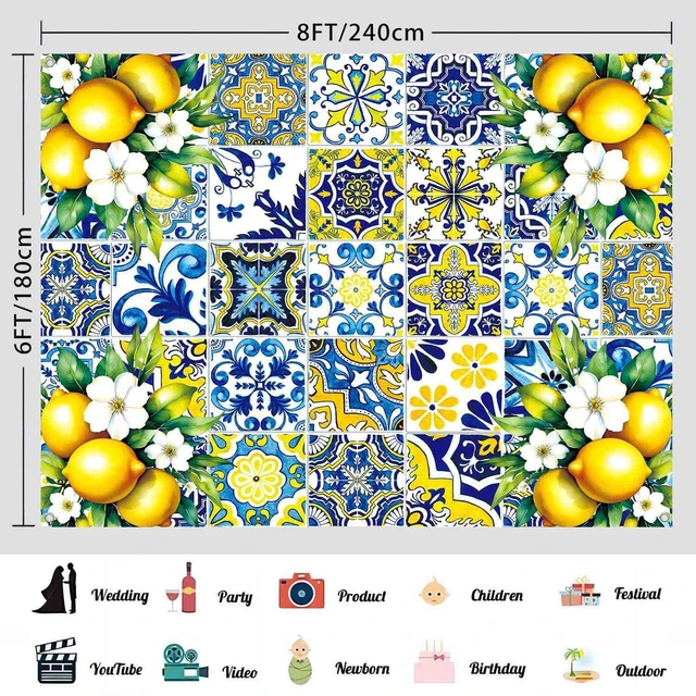 Alt view image 3 of 7 - 8x6ft Blue Yellow Lemon Backdrop Party Decorations Summer Italian Blue Tiles Capri Lemon Themed Party Decor for Bridal Shower Birthday Photography Background Photo Booth Props