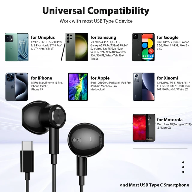 Alt view image 6 of 7 - Magnetic USB-C Wired Earbuds HiFi Stereo Headphones with Mic Black Type-C Earbuds with Control Button for iPhone Duo 18 Pro Max 17 16 Samsung S26 FE OnePlus 15 Wired Earphones for Call Workout