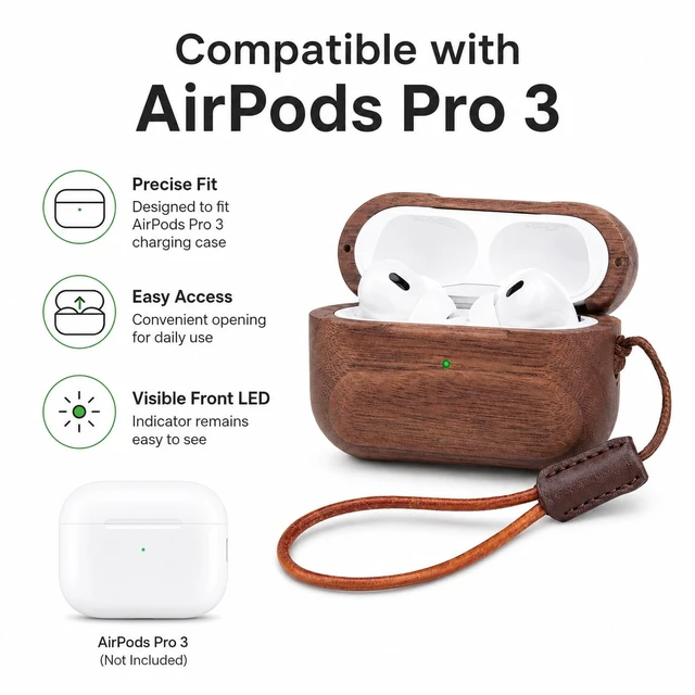 Alt view image 2 of 6 - Walnut Wood Case Compatible with AirPods Pro 3 Wireless Charging Protective Cover, Lightweight Anti-Scratch Earbuds Case with Lanyard