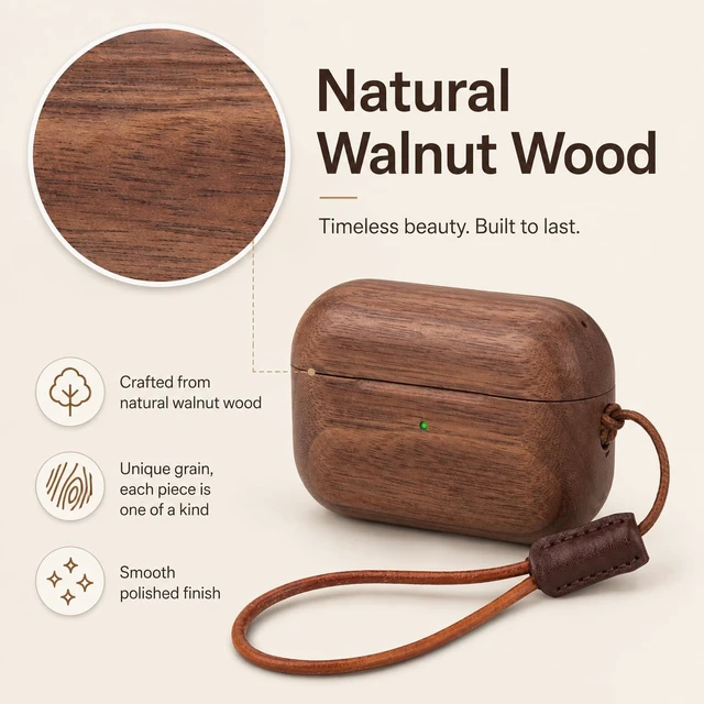 Alt view image 4 of 6 - Walnut Wood Case Compatible with AirPods Pro 3 Wireless Charging Protective Cover, Lightweight Anti-Scratch Earbuds Case with Lanyard