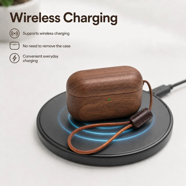Alt view image 5 of 6 - Walnut Wood Case Compatible with AirPods Pro 3 Wireless Charging Protective Cover, Lightweight Anti-Scratch Earbuds Case with Lanyard