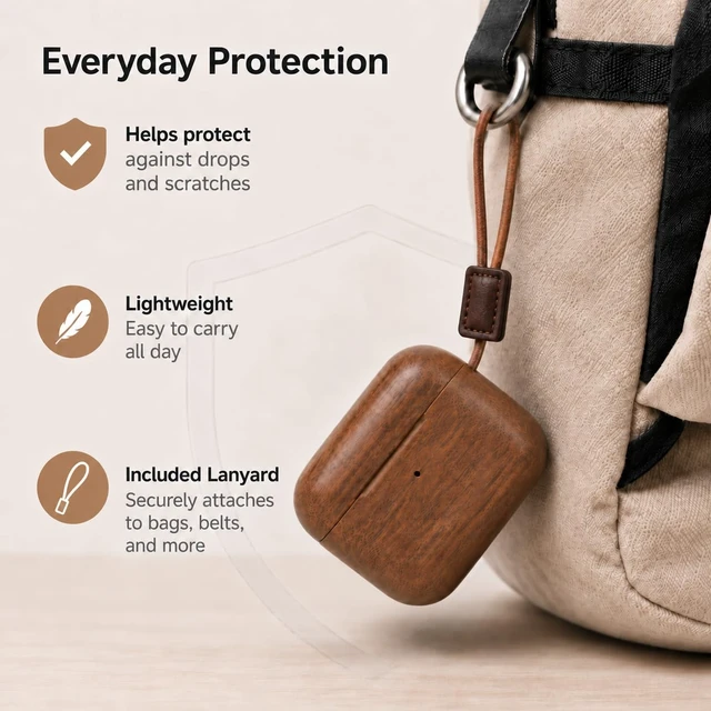 Alt view image 6 of 6 - Walnut Wood Case Compatible with AirPods Pro 3 Wireless Charging Protective Cover, Lightweight Anti-Scratch Earbuds Case with Lanyard