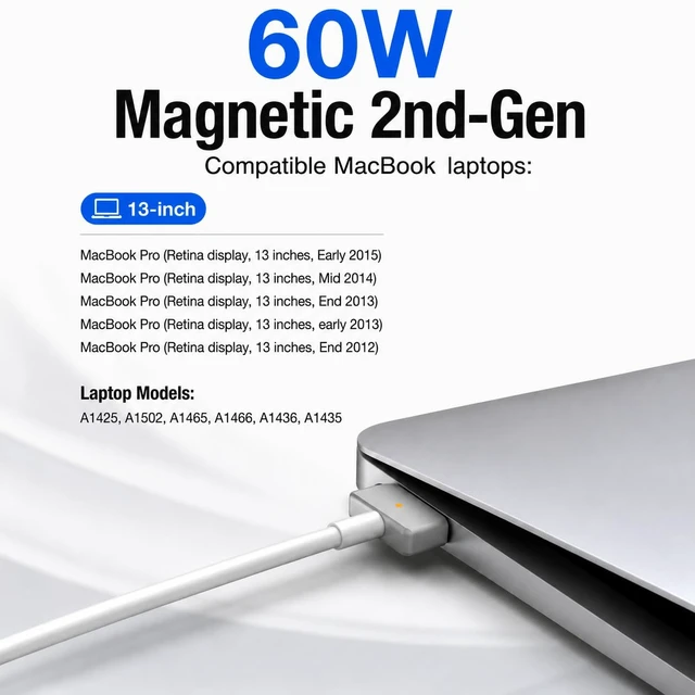 Alt view image 2 of 6 - 60W Charger for Mac Book Pro,60w Magnetic 2 T-Tip Power Adapter Compatible with Mac Book Air 11-13 inch(2012-2017) Part Number A1425 A1502 A1465 A1466 A1436 A1435