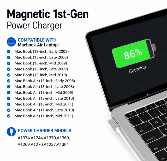 Alt view image 2 of 6 - 45W Charger Compatible with Mac Book Air, Mag 1 L-Tip Power Adapter Laptop Charger Compatible with Mac Book Air 11/13 Inch (Before Mid 2012 Models), Fast Charger for Old Mac Book