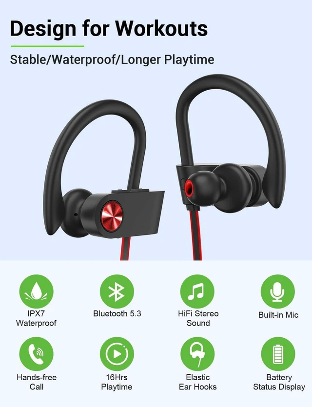 Alt view image 2 of 7 - Bluetooth 5.3 Headphones, Wireless Sports In-Ear Earbuds IPX7 Waterproof 16 Hours Playtime, Sweatproof Stereo Earphones with MIC, Noise Cancelling Headsets for Gym Running Workout, Clear Sound