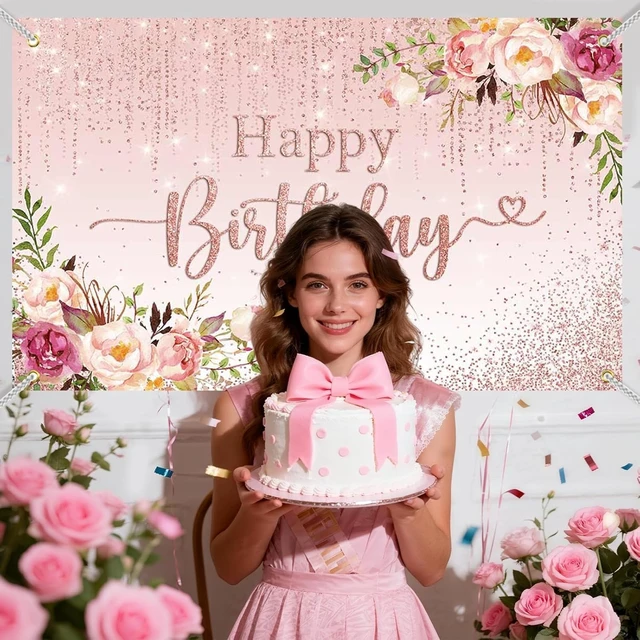 Alt view image 3 of 7 - Happy Birthday Backdrop Decorations for Women Pink Flowers Glitters Birthday Banner Photo Background Party Decorations (pink, 7x5ft (82x60 inch))