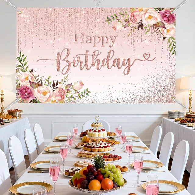Alt view image 4 of 7 - Happy Birthday Backdrop Decorations for Women Pink Flowers Glitters Birthday Banner Photo Background Party Decorations (pink, 7x5ft (82x60 inch))