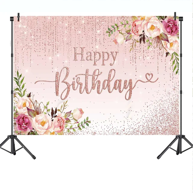 Alt view image 7 of 7 - Happy Birthday Backdrop Decorations for Women Pink Flowers Glitters Birthday Banner Photo Background Party Decorations (pink, 7x5ft (82x60 inch))