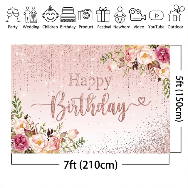 Alt view image 5 of 7 - Happy Birthday Backdrop Decorations for Women Pink Flowers Glitters Birthday Banner Photo Background Party Decorations (pink, 7x5ft (82x60 inch))