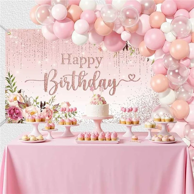 Alt view image 2 of 7 - Happy Birthday Backdrop Decorations for Women Pink Flowers Glitters Birthday Banner Photo Background Party Decorations (pink, 7x5ft (82x60 inch))