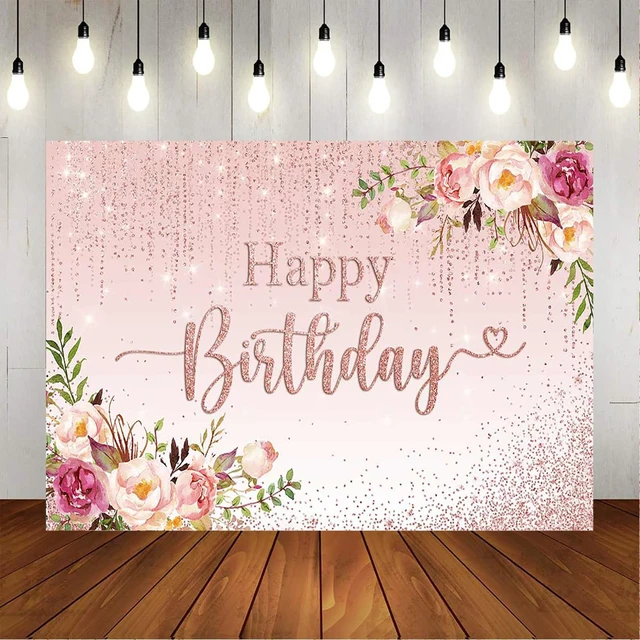 Alt view image 6 of 7 - Happy Birthday Backdrop Decorations for Women Pink Flowers Glitters Birthday Banner Photo Background Party Decorations (pink, 7x5ft (82x60 inch))