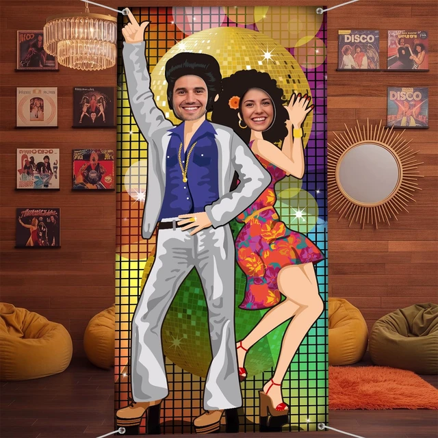 Alt view image 5 of 7 - 70s Disco Backdrop Party Decorations Large Door Banner Photo Prop 1970's Retro Dance Theme Photography Backdrop with Ropes for Hippie Theme Party Supplies, Disco Ball Mosaic Design