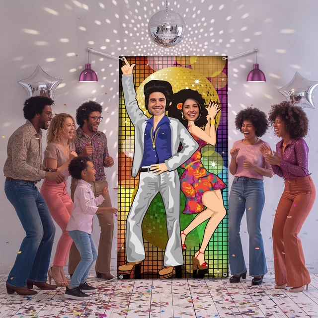 Alt view image 7 of 7 - 70s Disco Backdrop Party Decorations Large Door Banner Photo Prop 1970's Retro Dance Theme Photography Backdrop with Ropes for Hippie Theme Party Supplies, Disco Ball Mosaic Design