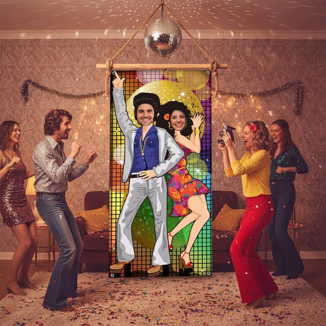 Alt view image 6 of 7 - 70s Disco Backdrop Party Decorations Large Door Banner Photo Prop 1970's Retro Dance Theme Photography Backdrop with Ropes for Hippie Theme Party Supplies, Disco Ball Mosaic Design