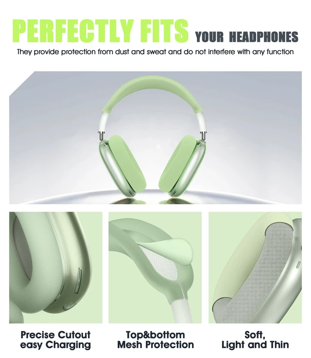 Alt view image 4 of 6 - 4 in 1 Case Cover for AirPods Max 2/1 (Green) Headband/Ear Cups/Ear Pads Cover, All-Round Protection Soft Silicone and Clear TPU Headphone Case for AirPods Max 2