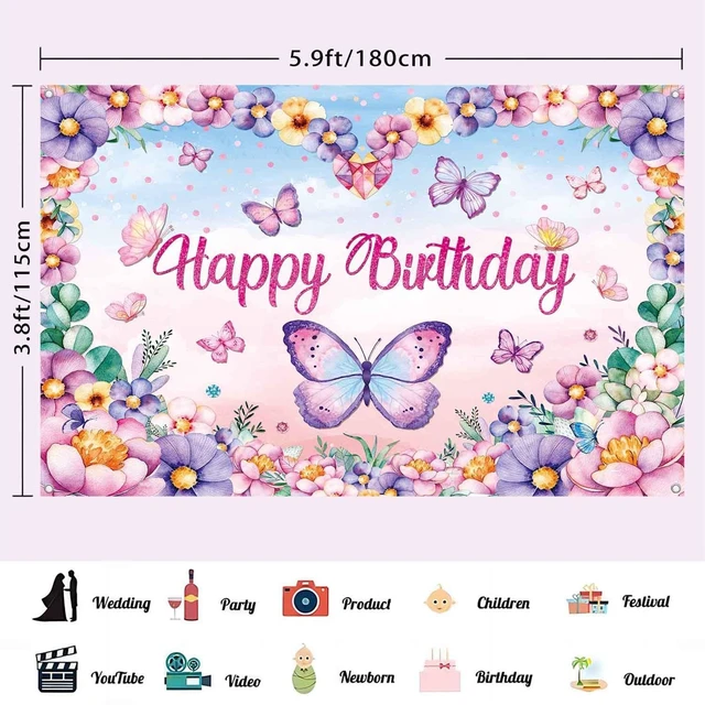 Alt view image 3 of 7 - Butterfly Happy Birthday Banner Backdrop Butterflies Birthday Party Decorations for Women Girls Pink Purple Spring Butterfly Flower Photography Background Wall Decor 71x45 inch