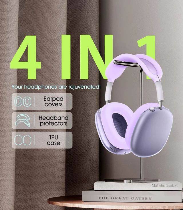 Alt view image 2 of 6 - 4 in 1 Case Cover for AirPods Max 2/1 (Purple) Headband/Ear Cups/Ear Pads Cover, All-Round Protection Soft Silicone and Clear TPU Headphone Case for AirPods Max 2