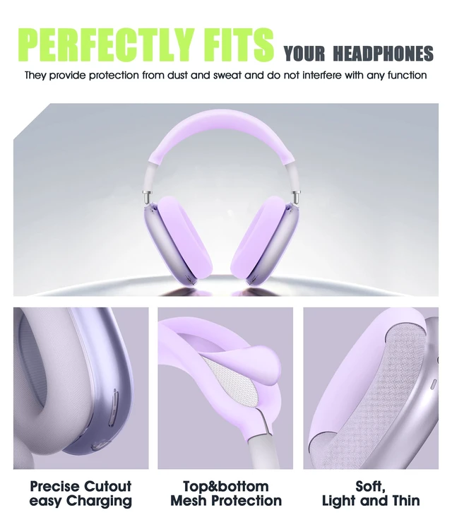 Alt view image 4 of 6 - 4 in 1 Case Cover for AirPods Max 2/1 (Purple) Headband/Ear Cups/Ear Pads Cover, All-Round Protection Soft Silicone and Clear TPU Headphone Case for AirPods Max 2